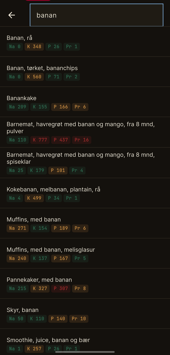 Søk i Matvaretabellen etter banan, med farga badges som viser kalium- og fosforinnhald